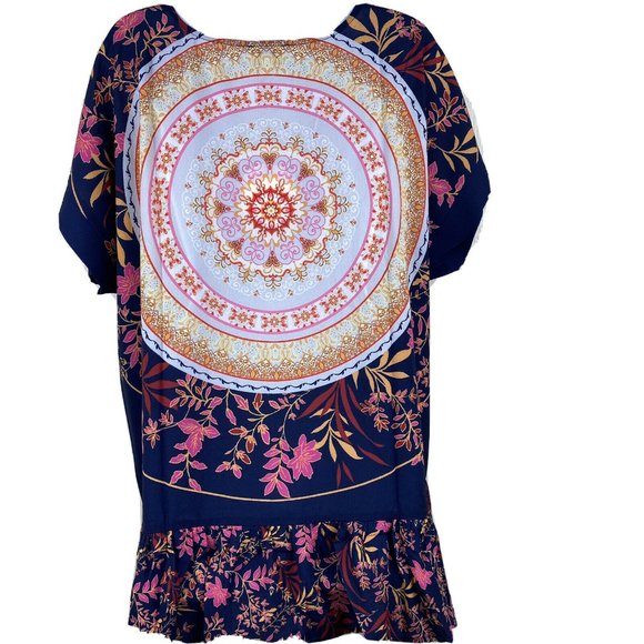 Navy Orange Floral Medallion Print Tunic Top S M - Picture 1 of 9